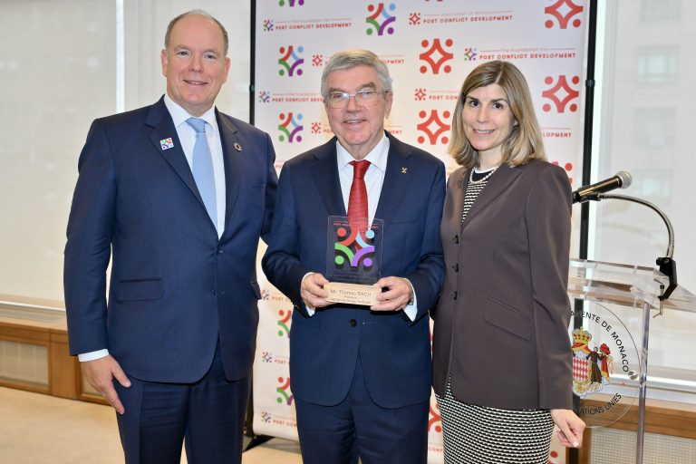 President Thomas Bach, International Olympic Committee receives Prince Albert of Monaco Leadership in Post Conflict Development Award on September 23, 2024